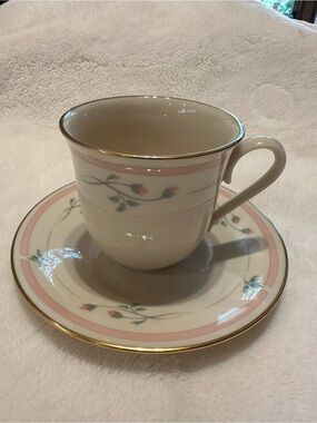 Lenox Cream Teacup and Saucer with Pink Rose Motif and Gold Trim